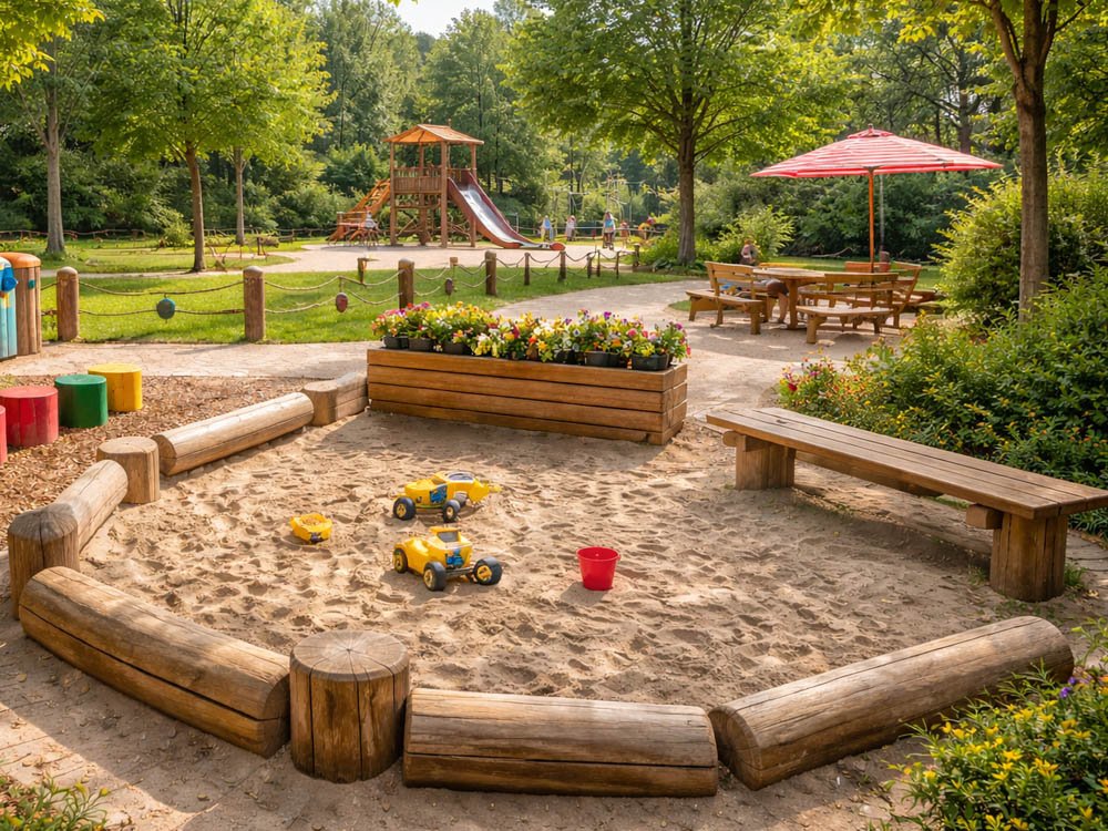 Sandspielbereich mit Holzst&auml;mmen, Sitzb&auml;nken und Spielturm im gr&uuml;nen Au&szlig;enbereich