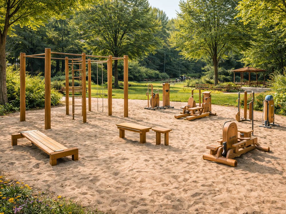 Holz-Fitnessanlage mit Kletterelementen und Trainingsger&auml;ten im naturnahen Sandbereich